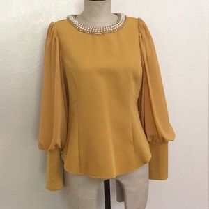 Yellow/Gold Long Sleeve Blouse with Jewel Neckline